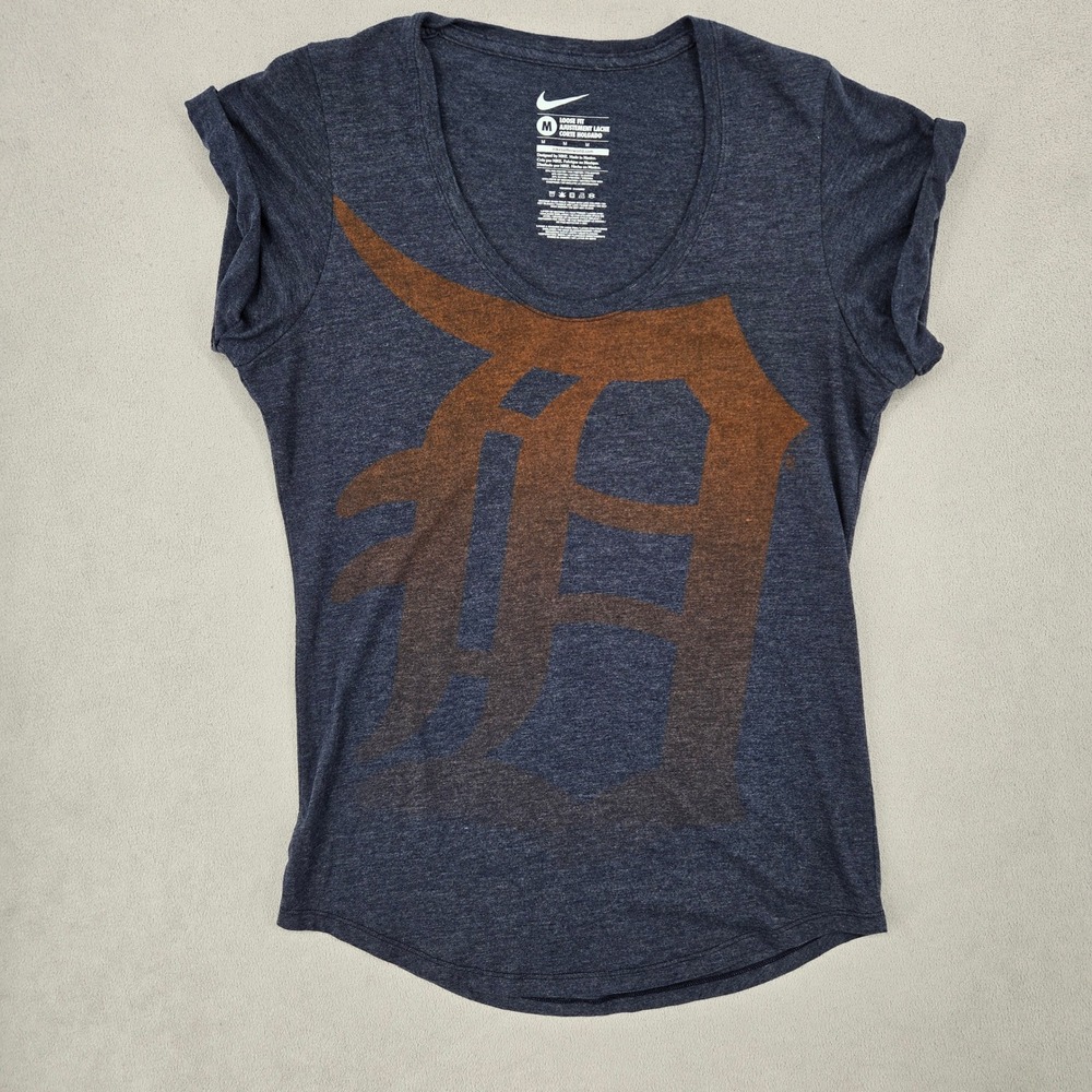 Nike Medium Detroit Tigers T-Shirt Womens Sporty MLB Fan Gear Heather Navy